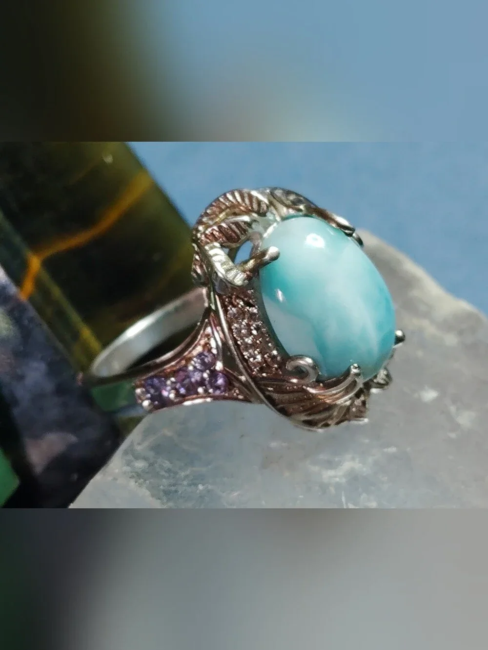 LARIMAR,TANZANITE & ZIRCON. SNAKE MOTIF. SOLID STERLING SIZE 9